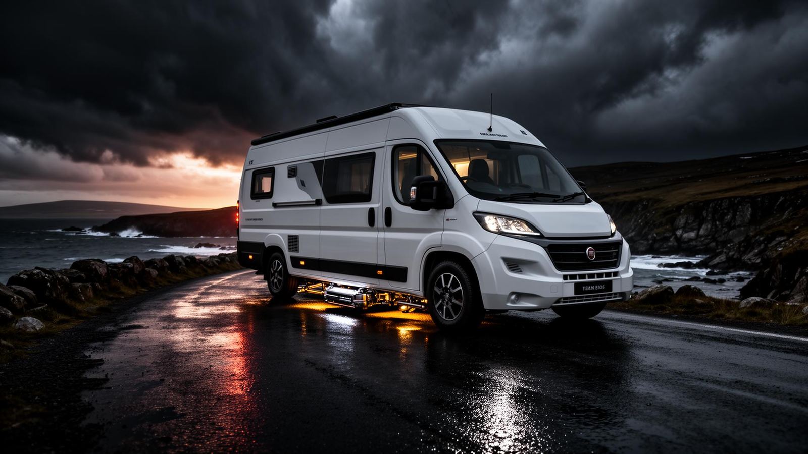 Campervan parked on Irish coastal road at dusk — Rayco undersealing & rust protection